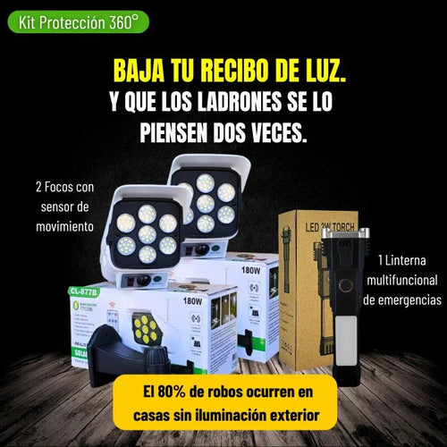 kit proteccion 360 2 focos solares +1 linterna a prueva de todo